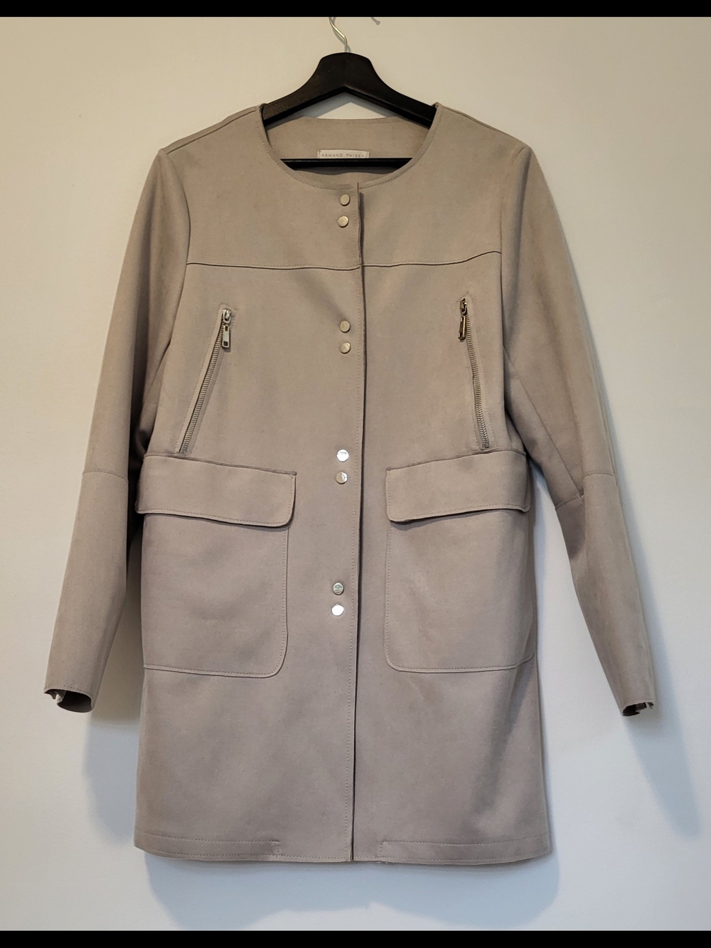 Armand Thiery Beige Faux Suede Collarless Long Jacket / Coat